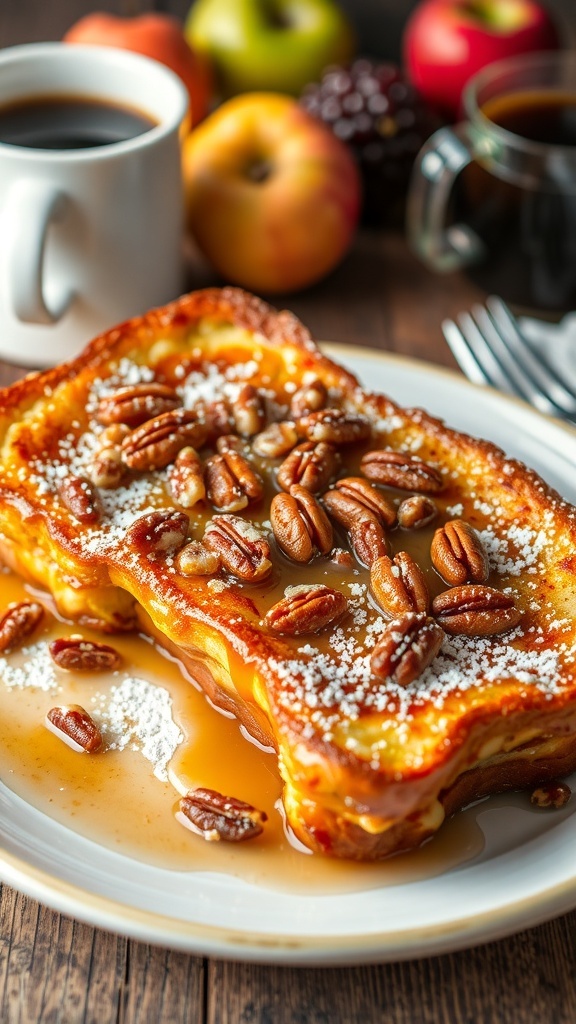 Baked pecan pie French toast topped with pecans and maple syrup on a wooden table.